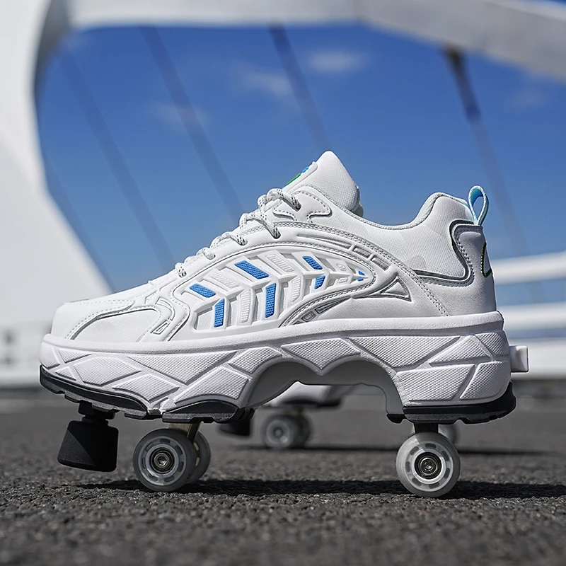 Running Shoes - รองเท้าสเก็ตโรลเลอร์สำหรับเด็ก แบบสี่ล้อ ระบบปุ่มกด สายรัดยืดหดได้ พร้อมเบรก ทรงตัวดี