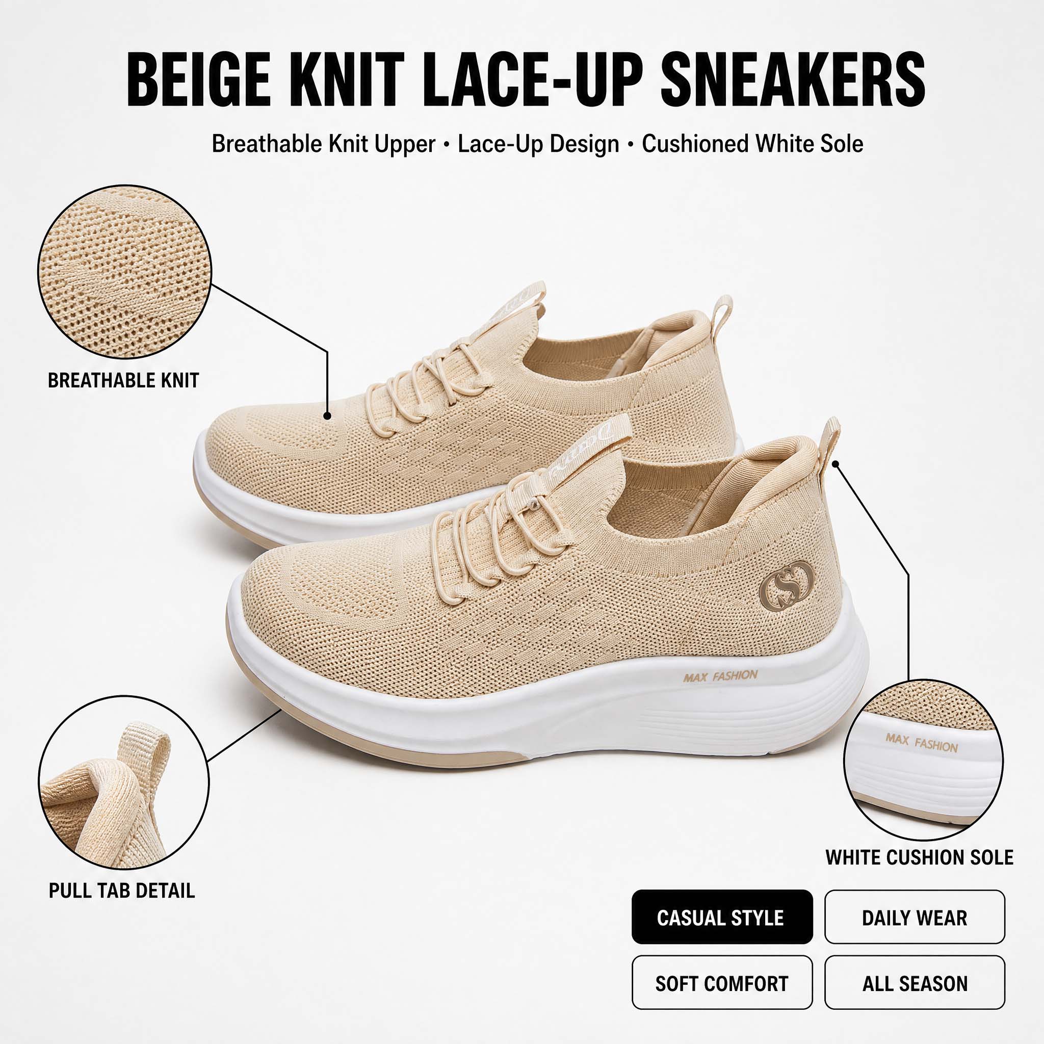 Knit Fabric Lace Up Sneakers - รองเท้าผ้าถักแบบมีพื้นหนาสำหรับผู้หญิง เหมาะสำหรับใส่เดิน รองเท้าผ้าถักแบบสวมที่ระบายอากาศได้ดี รองเท้าลำลองน้ำหนักเบา พื้นหนา เหมาะสำหรับใส่ในชีวิตประจำวัน