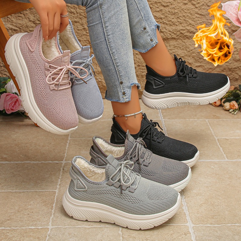 รองเท้าผ้าใบสำหรับเดินเล่นกลาง - Knit Fabric Lace Up Sneakers บทวิจารณ์และราคา