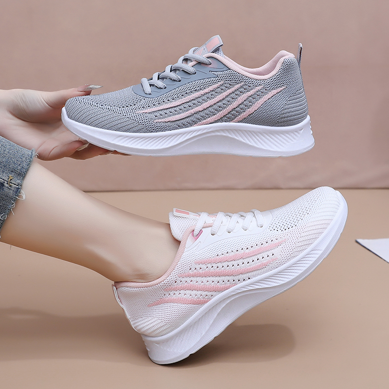 รองเท้าผ้าใบตาข่ายลำลองสำหรับผ - Knit Fabric Lace Up Sneakers บทวิจารณ์และราคา