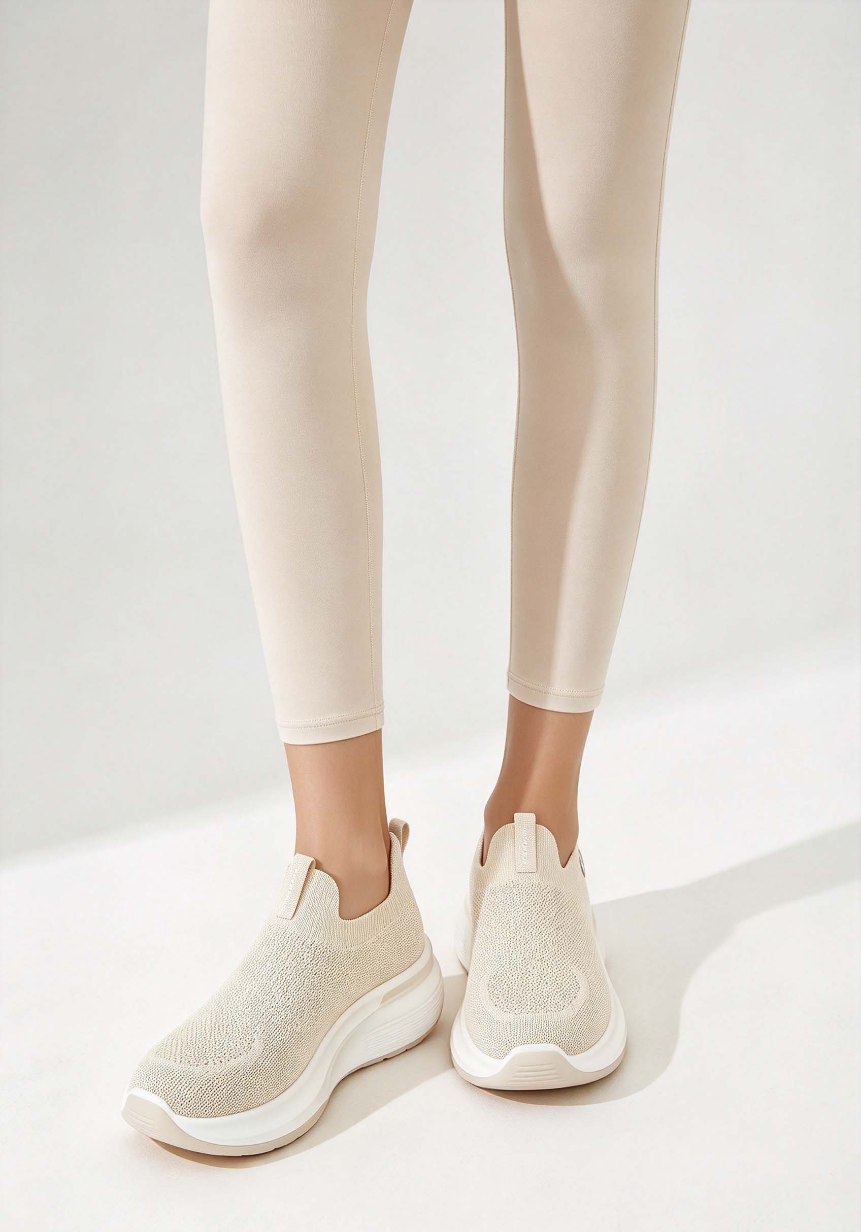 รองเท้าผ้าถักแบบมีพื้นหนาสำหรั - Knit Fabric Lace Up Sneakers บทวิจารณ์และราคา